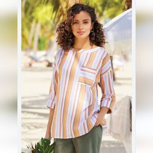 Soft Surroundings White Multi Striped Cotton/Tencel Enyo Tunic Top Size L